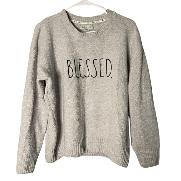 Rae Dunn Sweaters - Rae Dunn Blessed Chenille Crew Neck Sweater Long Sleeve Soft Grey Sz XL Pullover
